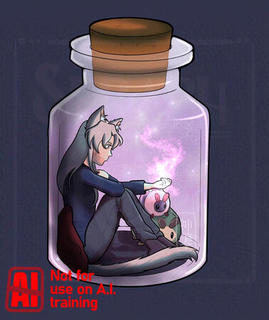 A drawing of Inarora sitting inside of a glass bottle, holding one hand out and summoning up magic. On the other side of her are moth plushies very much based off of the adorable Squishables.