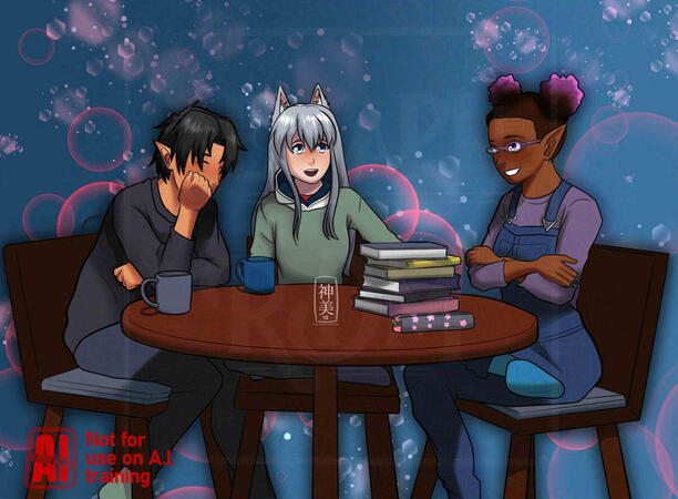 A drawing of three people sitting around a table with a stack of books and a few coffee mugs. The first person is Damyien, who is resting his face on his hand and smiling. Inarora, in the middle, is sitting cross legged in her chair and gazing with excitem