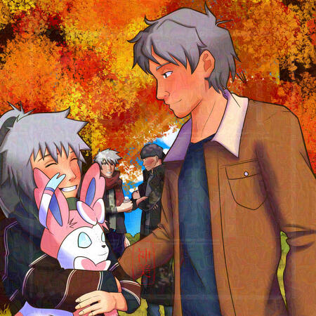 A drawing featuring Tsukiya and Hiiragi together, with Tsukiya hugging a plushie of Sylveon. In the background is Kakashi and Ibiki, both gazing at their children joyfully.