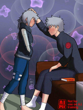 A drawing of Kakashi sitting on the couch, maskless for once, giving a very young Tsukiya head pats and smiling at them. He has such a gentle, loving expression for someone who likes to pretend he's a tough guy. He's just a softie for his kid. And who can